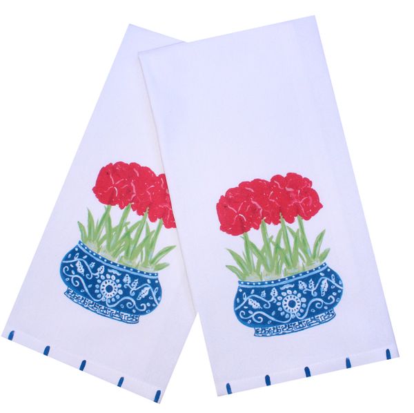 Red Amaryllis Chinoiserie Tea Towel - $18