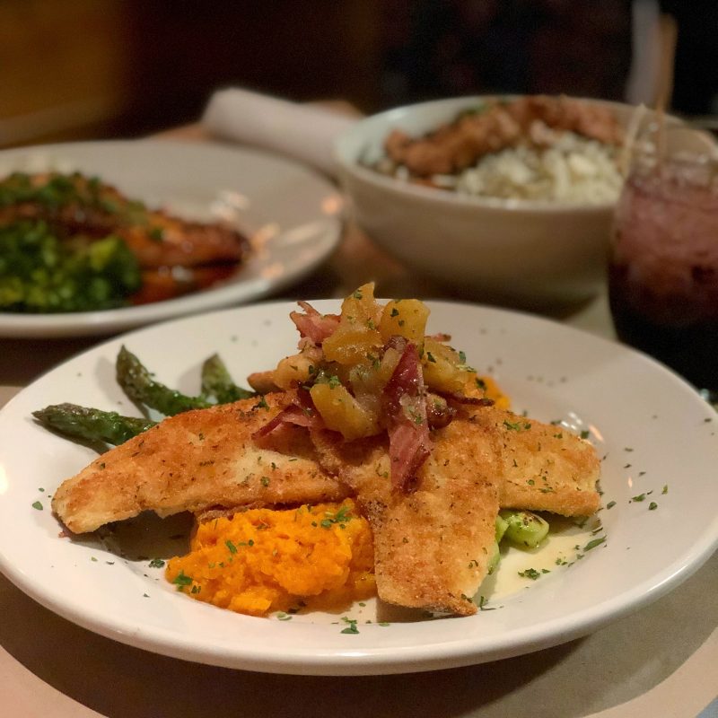 Trout Special (cornmeal crusted, with sweet potato, apple chutney and asparagus)