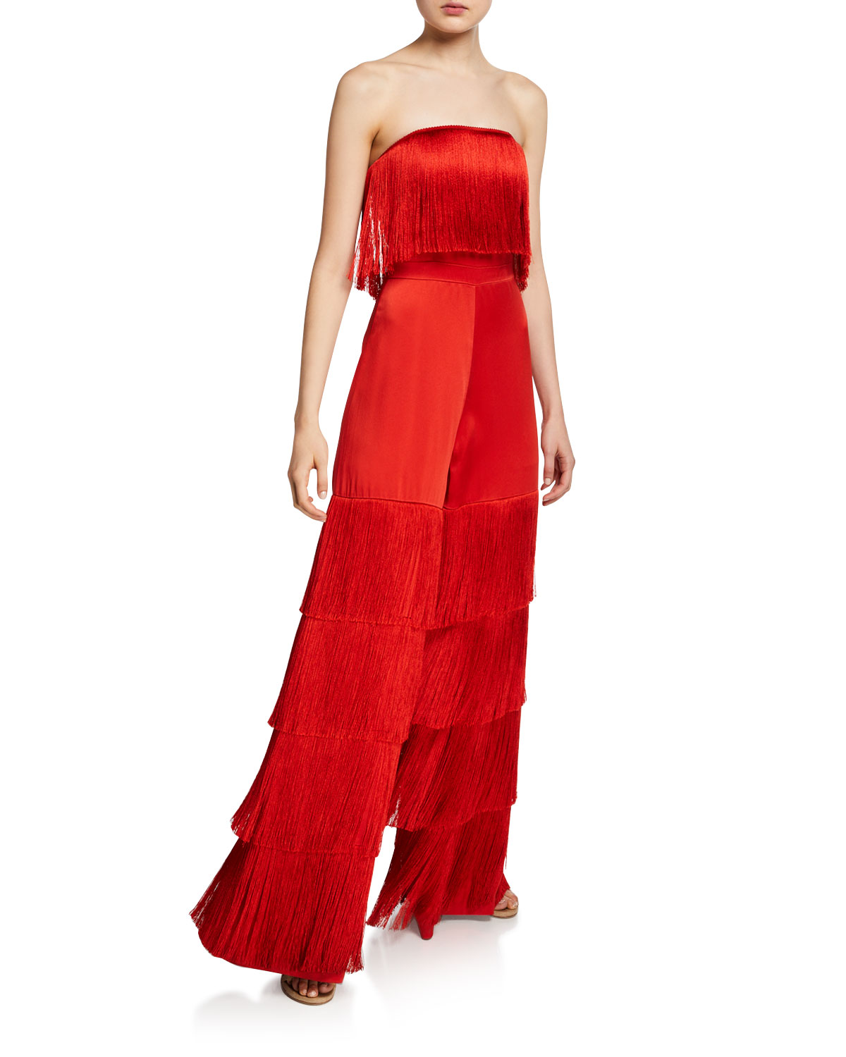 NEIMAN MARCUS Alexis Maxima Strapless Satin Fringe Jumpsuit